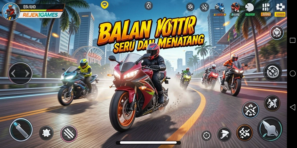 Screenshot utama REJEKIGAMES dengan tampilan balapan motor yang seru.