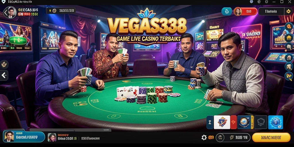 Screenshot gameplay Live Casino dengan dealer profesional dan pemain aktif.